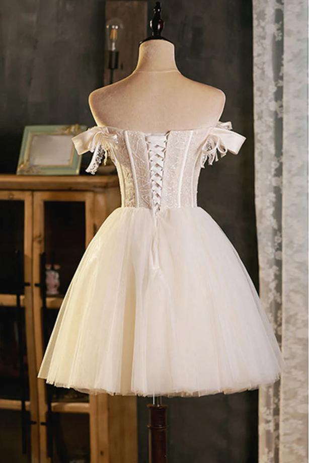 Off Shoulder Mismatched Bow White Herringbone Mini New Arrival Homecoming Dresses,HM169