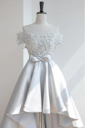 Luxurious High Low Sliver Satin Bow Appliqued Long Prom Evening Dress,ZX255