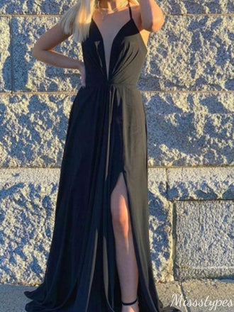Sexy Halter Deep V-neck A-line Long Prom Dress Ideas, Evening Party Dresses,ZX682