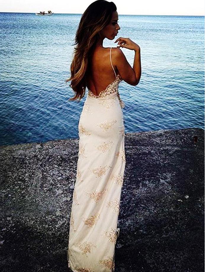 Backless Cozy Spaghetti Strap Appliqued Side Slit Long Evening Prom Evening Dress,ZX223