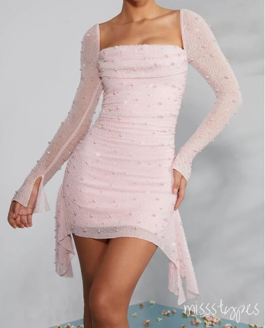 Pink Square Full Sleeve Sparkly Mini Homecoming Dresses, HM89