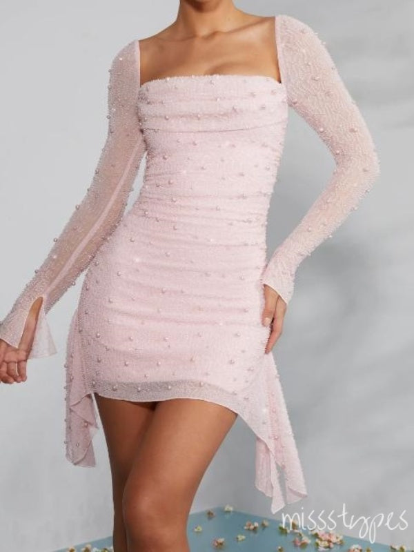 Pink Square Full Sleeve Sparkly Mini Homecoming Dresses, HM89