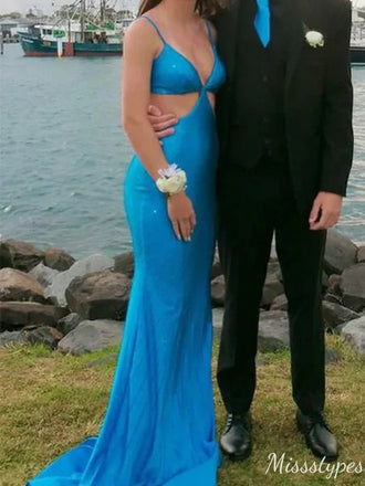 Unique Deep V-neck Spaghetti Strap Mermaid Long Prom Dress Ideas, Evening Party Dresses,ZX685