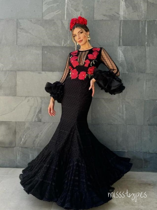 Sexy Elegant Mermaid Black Red Appliqued Full Sleeve Evening Prom Evening Dress,ZX196