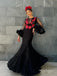 Sexy Elegant Mermaid Black Red Appliqued Full Sleeve Evening Prom Evening Dress,ZX196