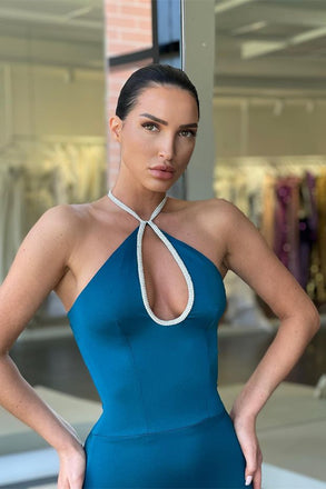 Women Unique Blue Halter Mermaid Floor-Length Mermaid Prom Dresses,ZX48