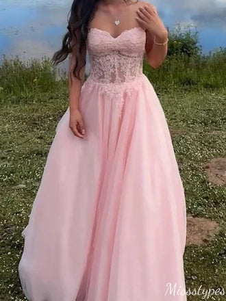 Gorgeous Sweetheart Strapless Lace A-line Long Prom Dress Ideas, Evening Party Dresses,ZX688