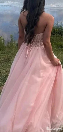 Gorgeous Sweetheart Strapless Lace A-line Long Prom Dress Ideas, Evening Party Dresses,ZX688