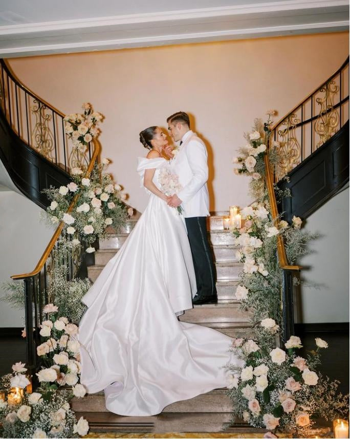 Beautiful Off Shoulder With Long Trailing White Satin Long Fashion Wedding Dresses,HS105