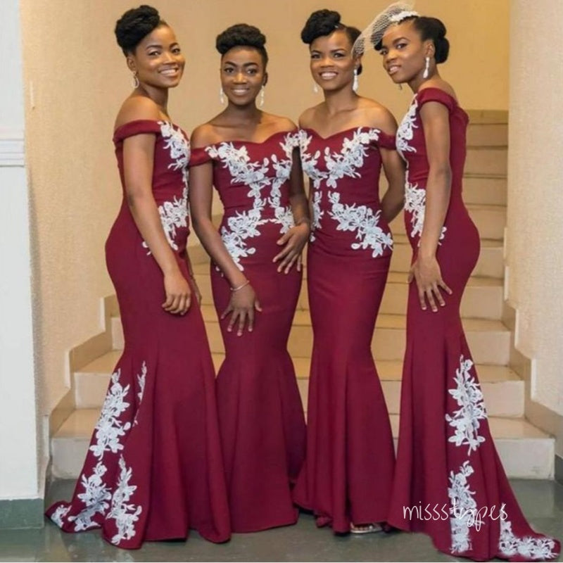 Women Sexy Red Appliqued Mermaid Floor-Length Bridesmaid Dresses Online, BL170