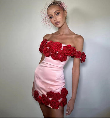 Trendy Red Flowers Cocktail Summer Pink Short Party Homecoming Dresses,HM190