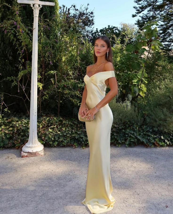 Yellow Alluring Off Shoulder Mermaid Soft Satin Long Prom Evening Dress,ZX310