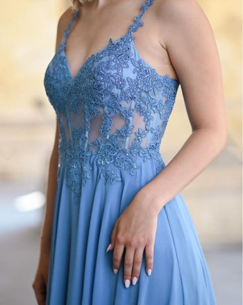 Elegant Blue Appliqued Side Slit A-Line Long Prom Evening Dress,ZX352