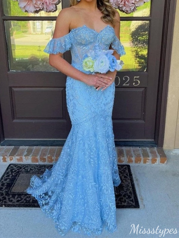 Elegant Sweetheart Off-shoulder Lace Mermaid Long Prom Dress Ideas, Evening Party Dresses,ZX692
