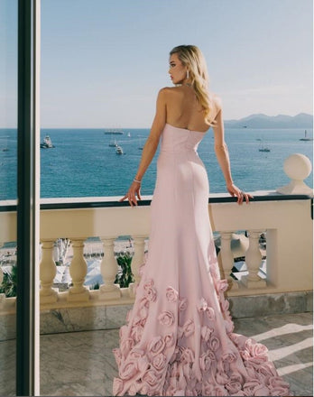Glamorous Pink Flower Trailing Women Strapless Mermaid Long Prom Evening Dress,ZX360