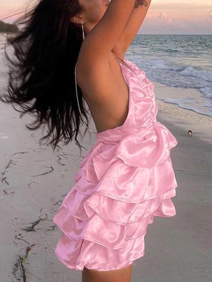 Sexy Pink V-Neck Spaghetti Strap Ruffle Women Mini Party Homecoming Dresses,HM265