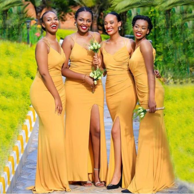 New Arrival Sexy Yellow Side Slit Spaghetti Strap Mermaid Women Floor-Length Bridesmaid Dresses Online, BL160