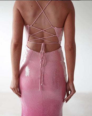 Gradient Spaghetti Strap Criss-Cross Mermaid Pink Evening Prom Evening Dress,ZX217