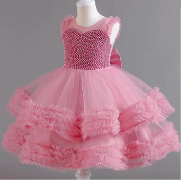 Pink Shiny Toddler Beaded Ruffled Party Little Flower Girl Dresses, ET55