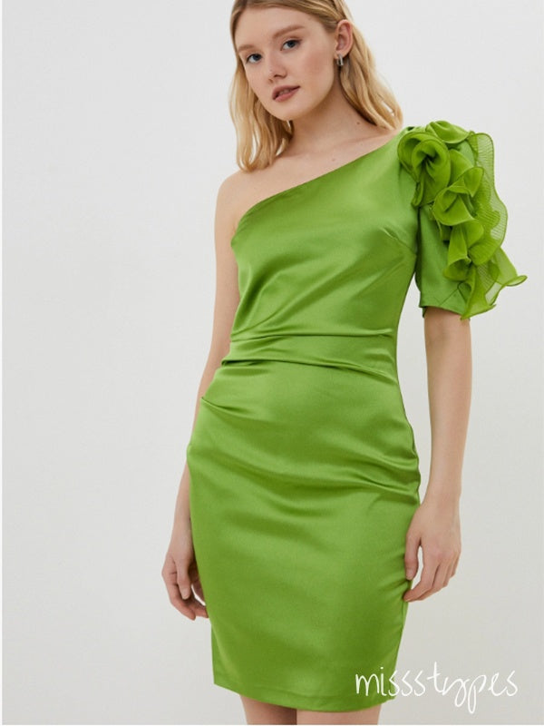 Charming Green One Shoulder Flower Mini Homecoming Dresses, HM35