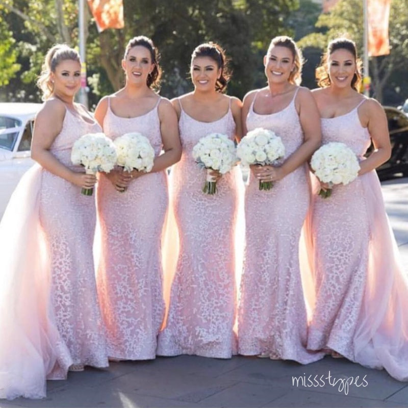 Appliqued Pink Pretty Spaghetti Strap Mermaid Long Bridesmaid Dresses Online, BL78