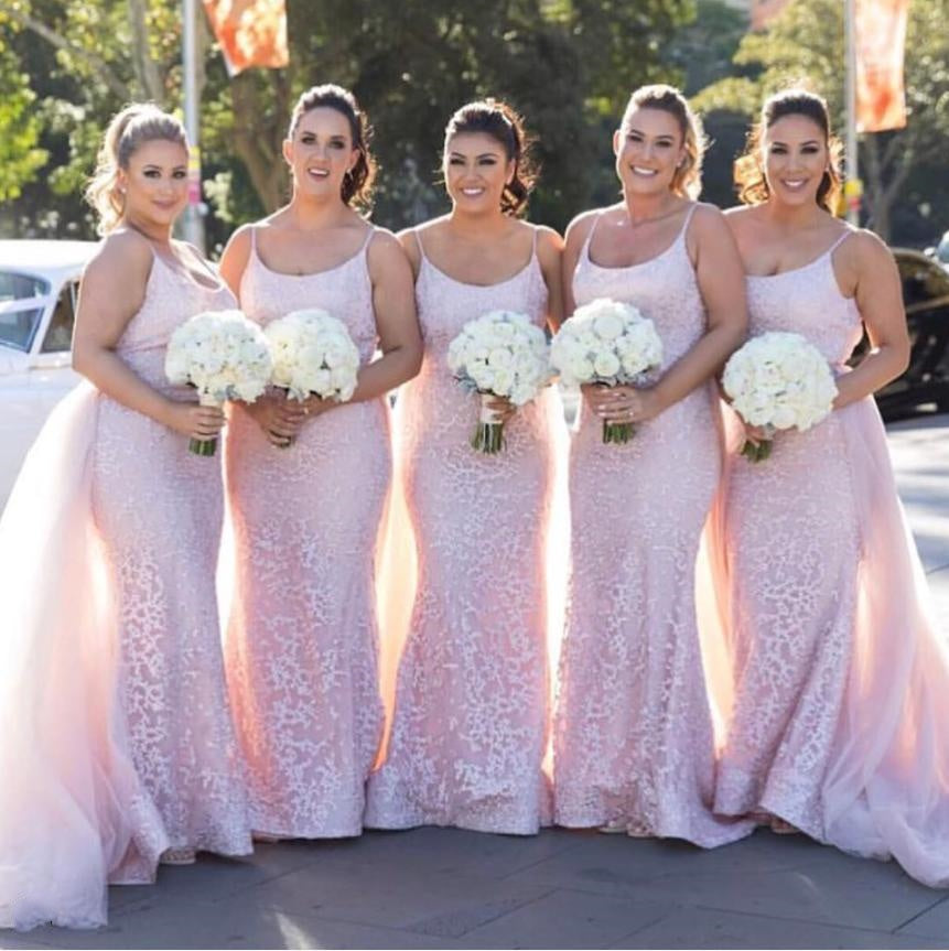 Appliqued Pink Pretty Spaghetti Strap Mermaid Long Bridesmaid Dresses Online, BL78