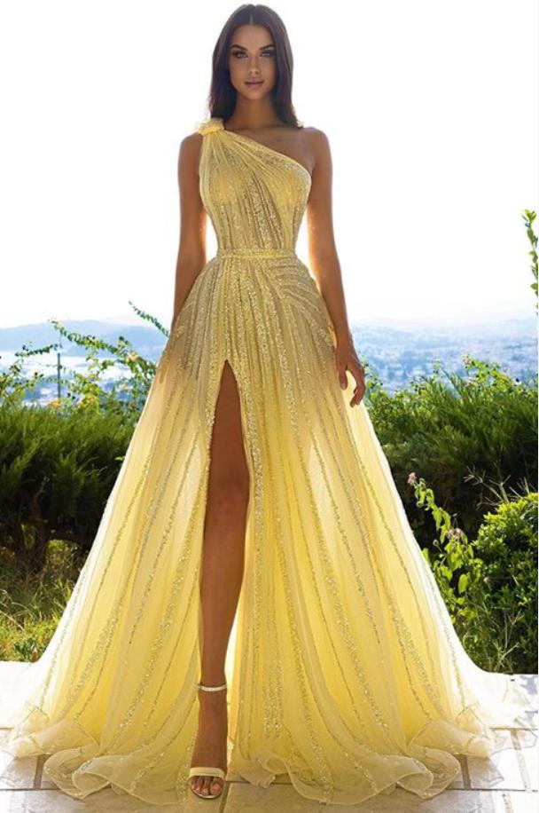 Bright Yellow Tulle Side Slit A-Line One Shoulder Long Prom Evening Dress,ZX342