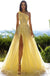 Bright Yellow Tulle Side Slit A-Line One Shoulder Long Prom Evening Dress,ZX342