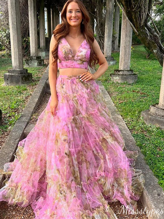 Elegant Two Piece V-neck A-line Long Prom Dress Ideas, Evening Party Dresses,ZX697