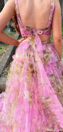 Elegant Two Piece V-neck A-line Long Prom Dress Ideas, Evening Party Dresses,ZX697