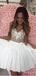 White Tulle A-Line Appliqued Lace Spaghetti Strap Mini Party Homecoming Dresses,HM205