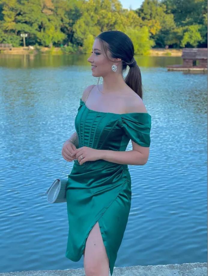 Emerald Off Shoulder Herringbone Side Slit New Arrival Homecoming Dresses,HM185