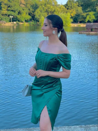 Emerald Off Shoulder Herringbone Side Slit New Arrival Homecoming Dresses,HM185