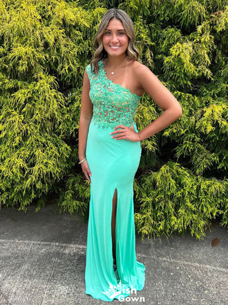 Elegant One-shoulder Lace Mermaid Long Prom Dress Ideas, Evening Party Dresses,ZX699