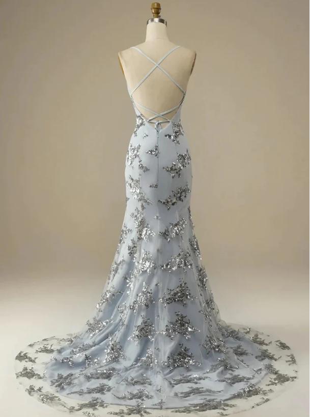 Classy Pale Blue Appliqued Sweetheart Spaghetti Strap Long Prom Evening Dress,ZX300