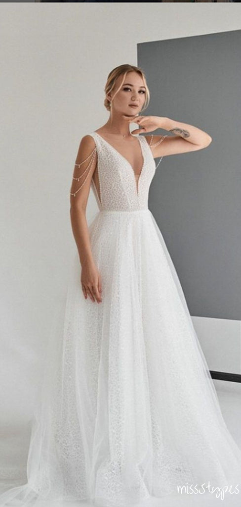 Classy Off-White Beading V-Neck Lace A-Line Floor-Length Wedding Dresses HS01