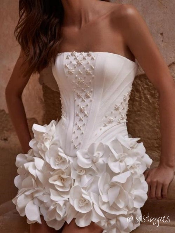 White Flower Luxurious Beading Strapless Herringbone Women Mini Party Homecoming Dresses,HM224