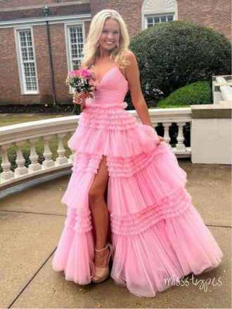 Alluring Pink Tulle Spaghetti Strap Ruffle Graded Long Prom Evening Dress,ZX264