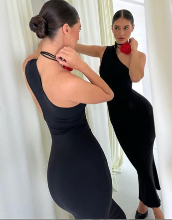 Sexy Black One Shoulder Red Flower Sheath Long Prom Evening Dress,ZX268