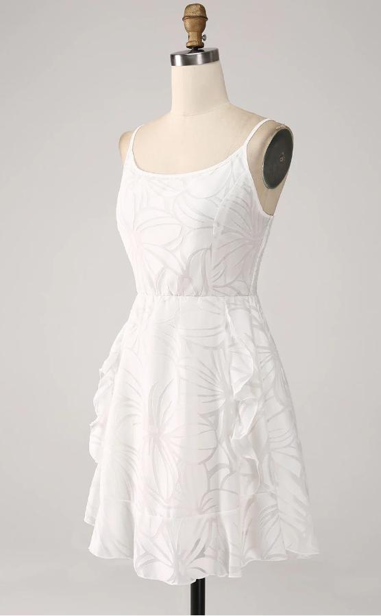 White Simple Spaghetti Strap Mini Homecoming Dresses, HM86