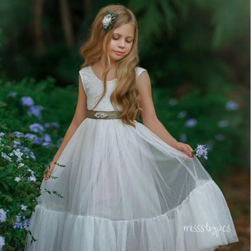 Beautiful Jewel White Tulle A-Line Princess Cute Little Flower Girl Dresses, ET61