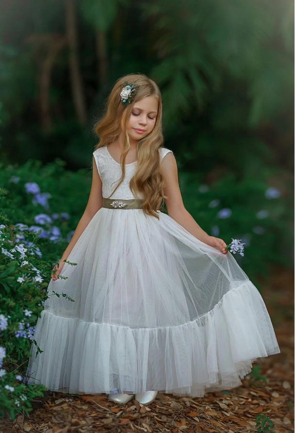 Beautiful Jewel White Tulle A-Line Princess Cute Little Flower Girl Dresses, ET61