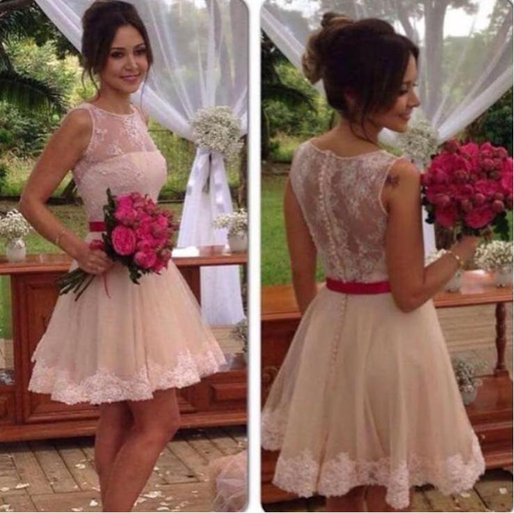 Pink Tulle A-Line Jewel Sleeve Appliqued Mini Women Bridesmaid Dresses Online, BL118