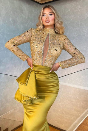 Luxurious Satin Lime-Green Full Sleeve Mermaid Long Prom Evening Dress,ZX345