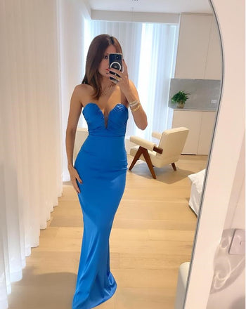 Regency-Blue Simple Sweetheart Mermaid Strapless Long Prom Evening Dress,ZX367