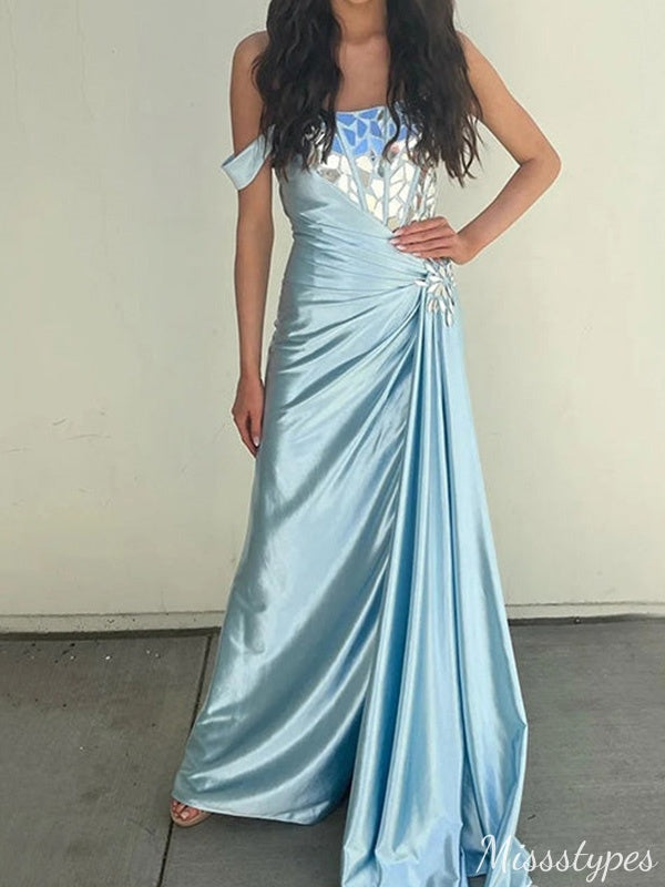Elegant Straight Across Off-shoulder Sheath Long Prom Dress Ideas, Evening Party Dresses,ZX705