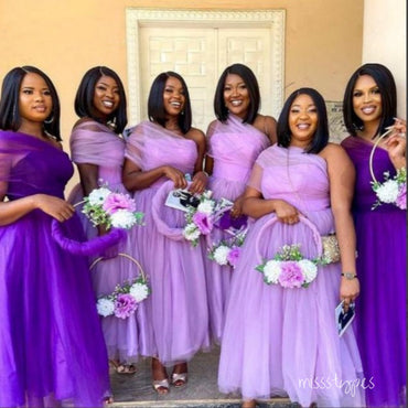 Tulle Women Purple One Shoulder Sexy Mermaid Floor-Length Bridesmaid Dresses Online, BL152