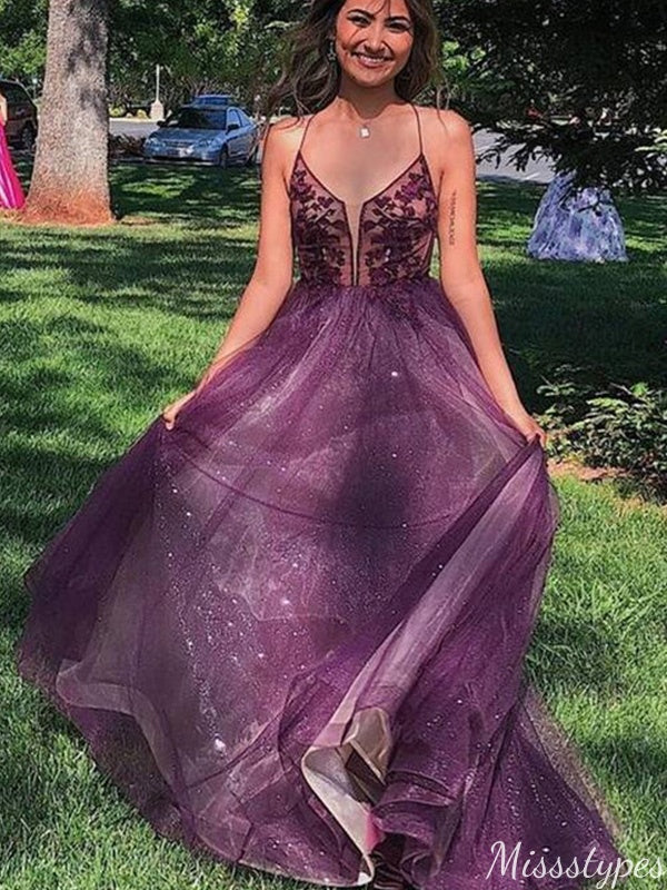 Elegant V-neck Spaghetti Strap A-line Long Prom Dress Ideas, Evening Party Dresses,ZX708