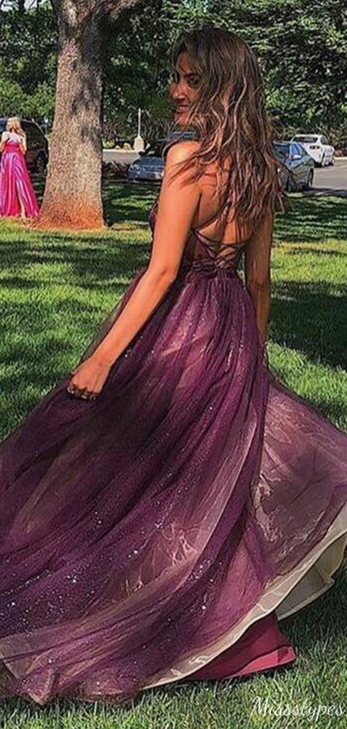 Elegant V-neck Spaghetti Strap A-line Long Prom Dress Ideas, Evening Party Dresses,ZX708