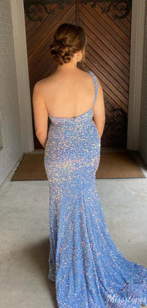 Elegant One-shoulder Sequins Mermaid Long Prom Dress Ideas, Evening Party Dresses,ZX710